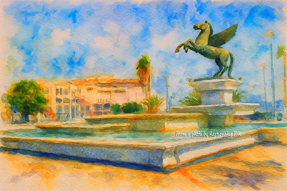 Ekorinthos statue, historic city center, outdoor sculpture, Corinth Greece landscape, watercolor art of city square.