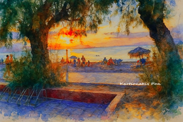 Vibrant watercolor of a sunset at a Greek beach in Corinth, Greece, with people enjoying the seaside view.
