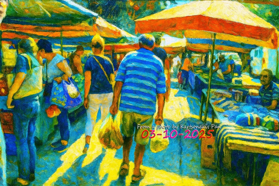 MAIK kartsonakis abf3c5 (1) Colorful outdoor market scene in Corinth Greece with vendors and shoppers, vibrant summer day atmosphere, eKorinthos image.