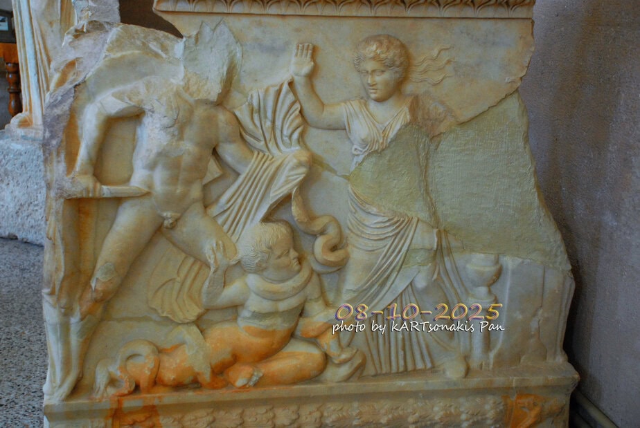 Ancient Greek marble relief sculpture depicting mythological figures, Corinth city archaeological site.