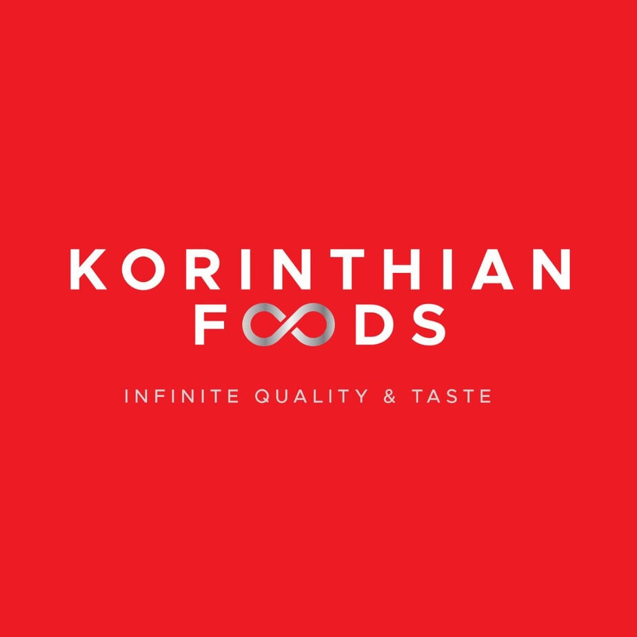 xr:d:DAF8AIlQhs8:10,j:4454479510786703185,t:24022211 Korinithian Foods logo on red background, modern branding, infinite quality, taste, Korinthos.